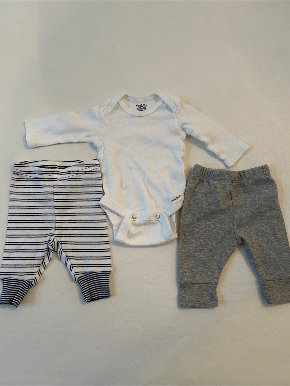 Gerber White Bodysuit with Navy Striped and Gray Pants